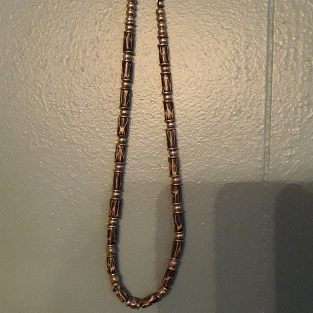 Black, white and silver beaded necklace